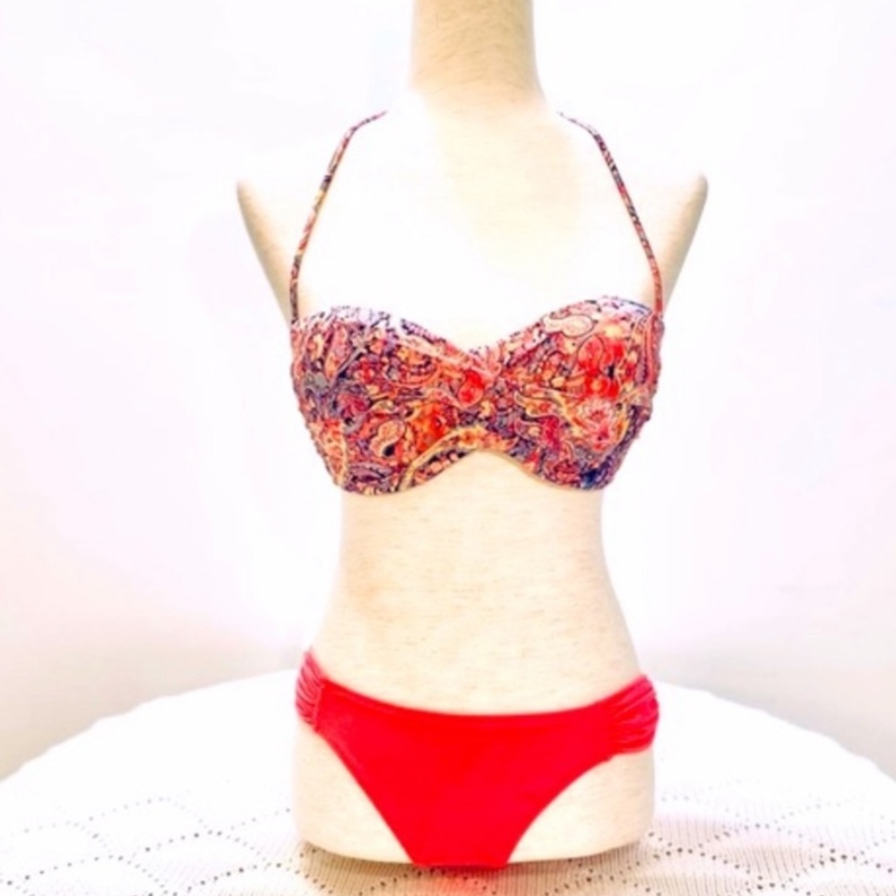 🌸Victoria’s Secret Bikini, Print Top/Solid Bottom,Size 34D/M, Pink & Orange